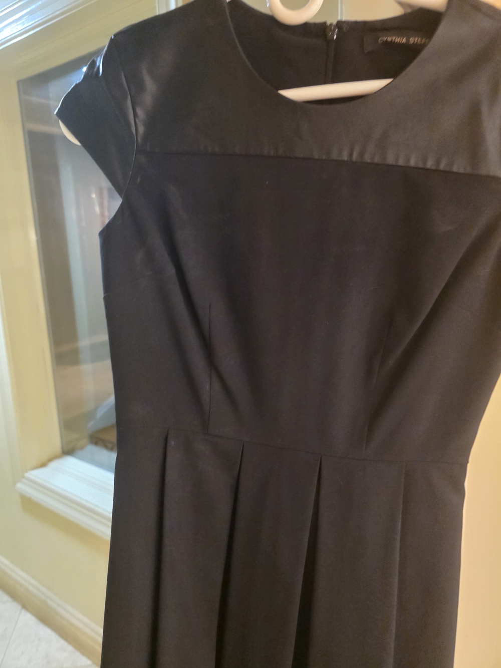 Cynthia Steffe Black Cap-Sleeve Fit-and-Flare Dress with Faux-Leather Yoke